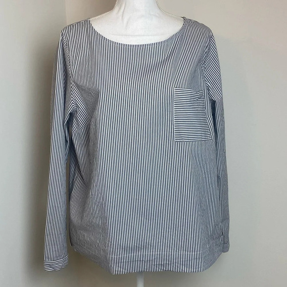 J Crew Top Organic Cotton Striped Box Blouse Black & White Long Sleeve Pocket - Picture 3 of 13